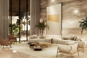 Organic and naturalist design of a residential lobby in Miami