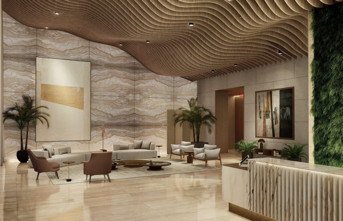 Organic and naturalist design of a residential lobby in Miami