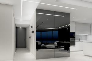 black and white minimalist corridor with smoke mirror