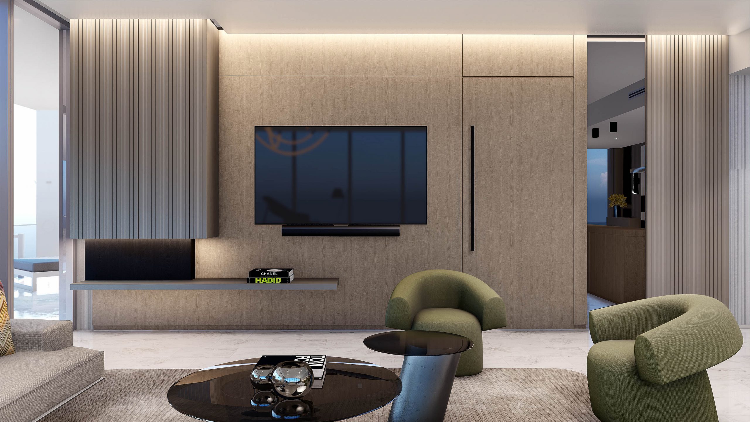 Contemporary and living room with minimalist wood panels and details in taupe lacquer, hidden door, large TV and stylish lounge chairs with moss green fabric.