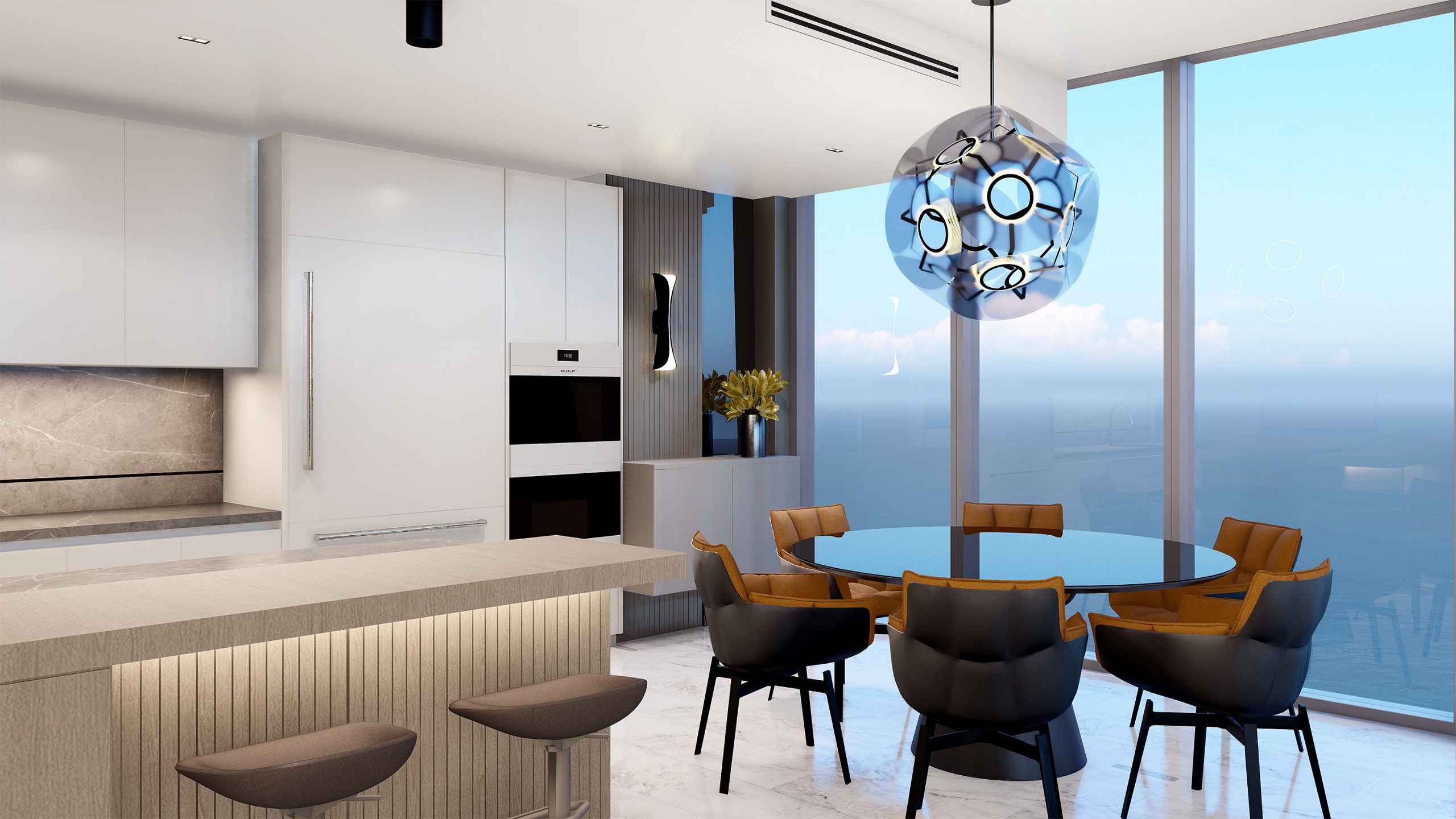 Sleek design dining room and integrated kitchen, black and orange organic design dining chairs, black round dining table, futuristic glass chandelier, white marble floor, ash wood counter, and kitchen in the background with white cabinets and light gray marble backsplash