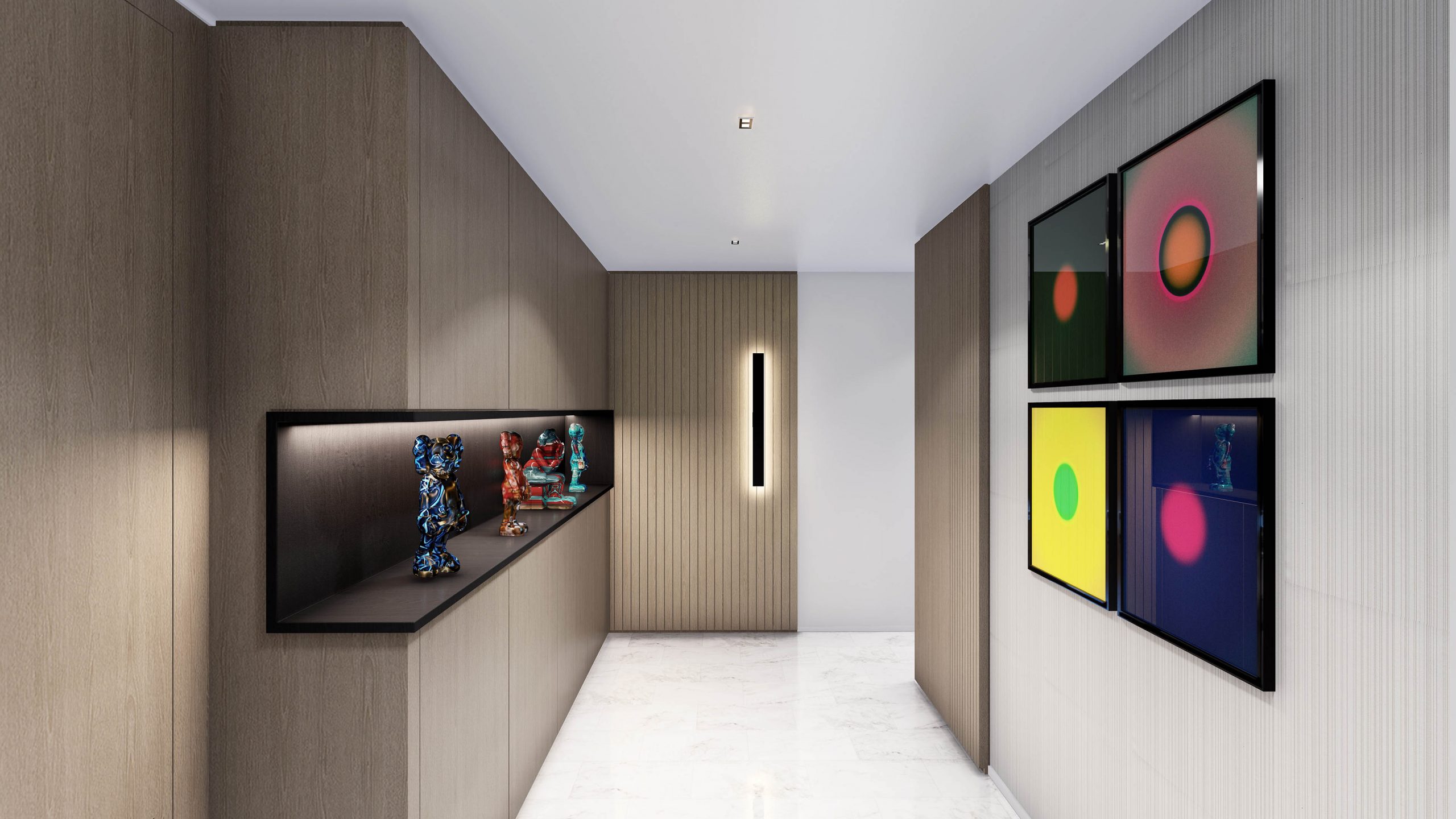 modern and minimalist hallway with asymmetrical interior design, ash wood cabinets with details in black wood, stripped light-gray wallpaper, white marble floor, minimalist black wall sconce, 4 modern artwork with circles and futuristic colorful sculptures