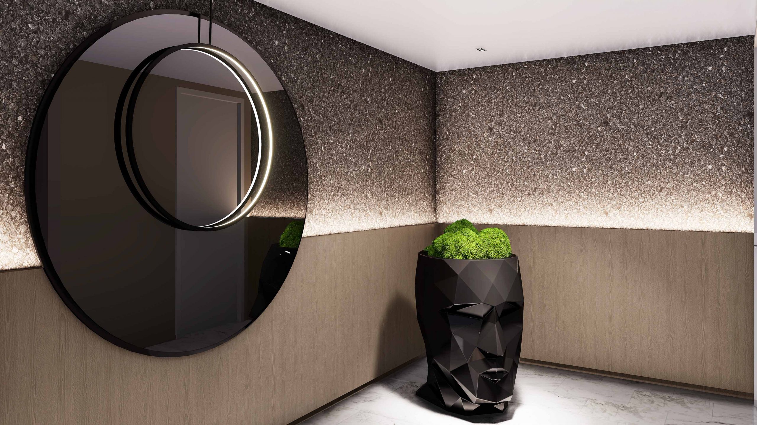 Contemporary biomimetic entry hallway, bottom half-wall wood paneling, top half-wall with mica textured wallpaper, round smoke mirror and black decorative human-head-shape vase with moss.