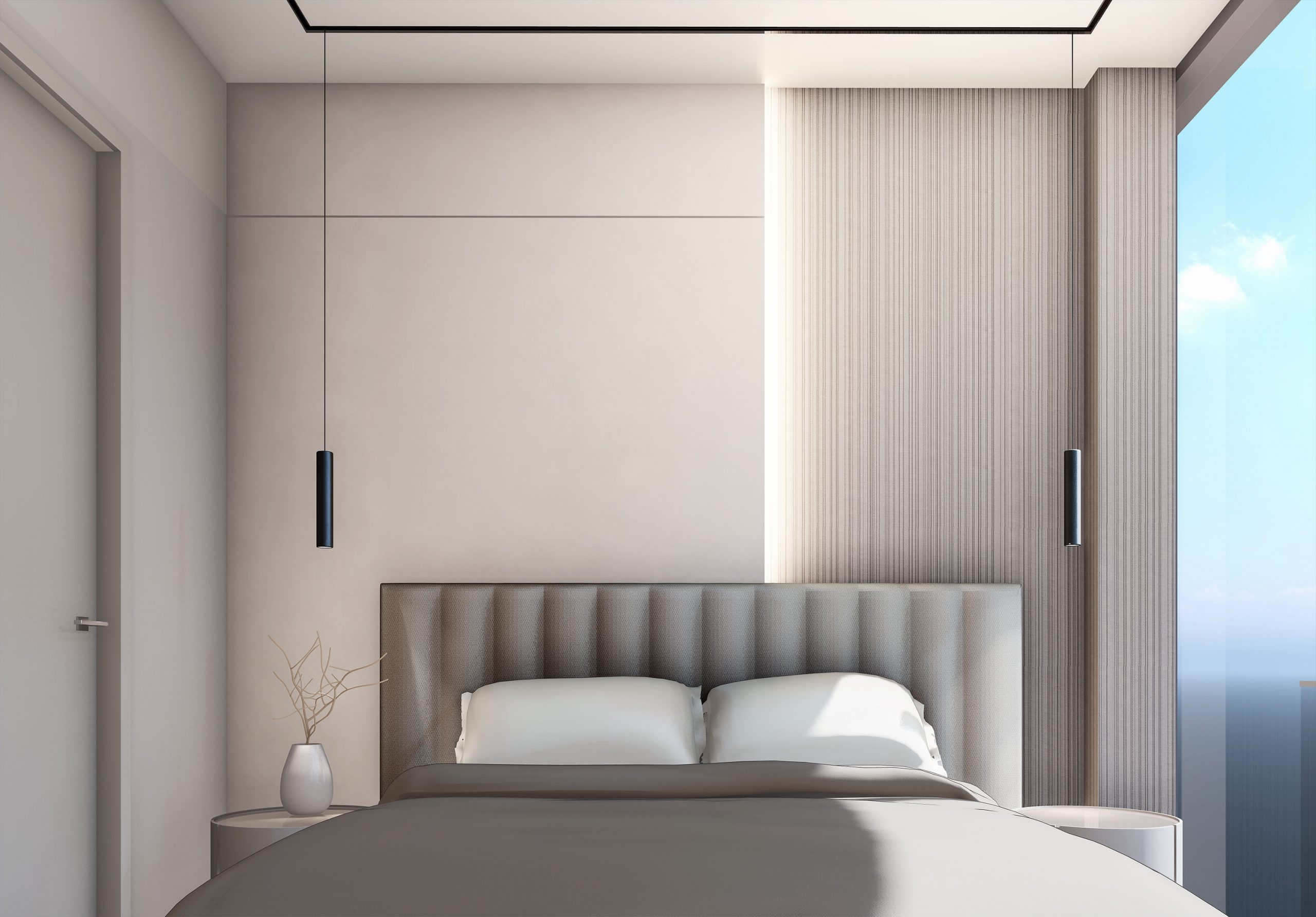 Minimalist asymmetrical bedroom, predominantly white and light-gray color palete, stripped wallpaper, minimalist round nightstands, and black sleek design pendants