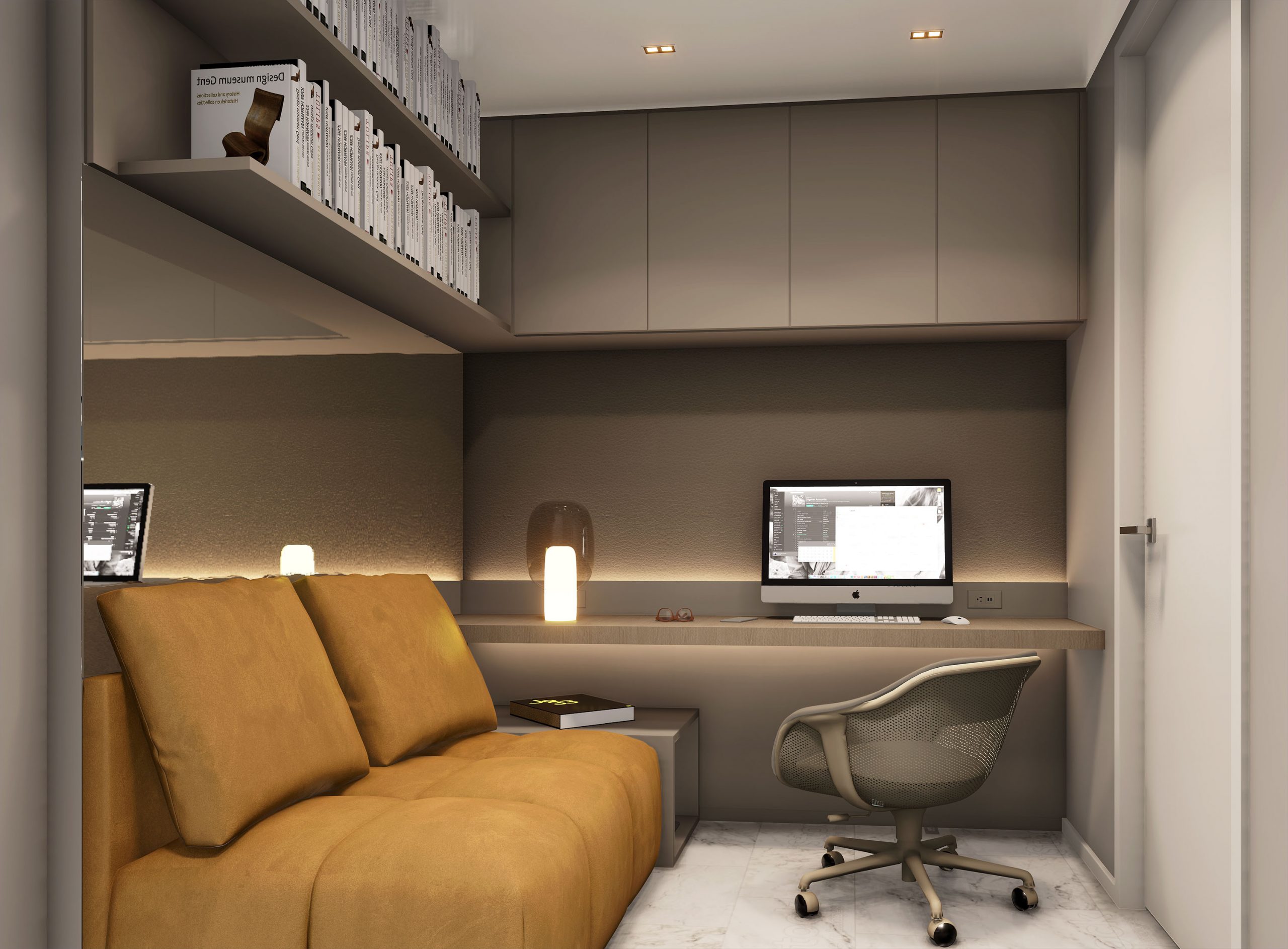 Compact home office in minimalist design, earthy colors, desk with built in LED lights, burnt-orange sofa and white marble floor