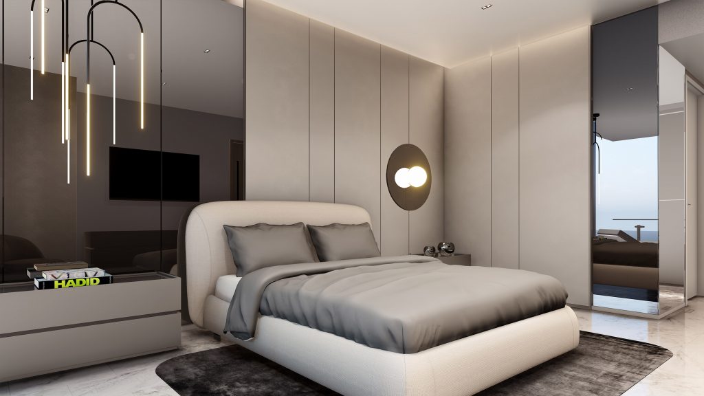 Minimalist and contemporary bedroom with neutral sand colors, smoke mirrors, dark rug with rounded corners, and sleek light fixtures.
