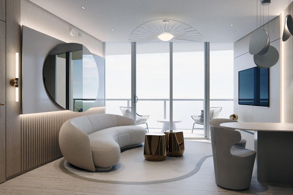Example of Interior Design Miami style, Contemporary Living Room in light sand colors, with organic rug, curved rounded minimalist sofa in white boucle fabric, round mirror, bulky dining chairs in off-white velvet fabric, travertine floor