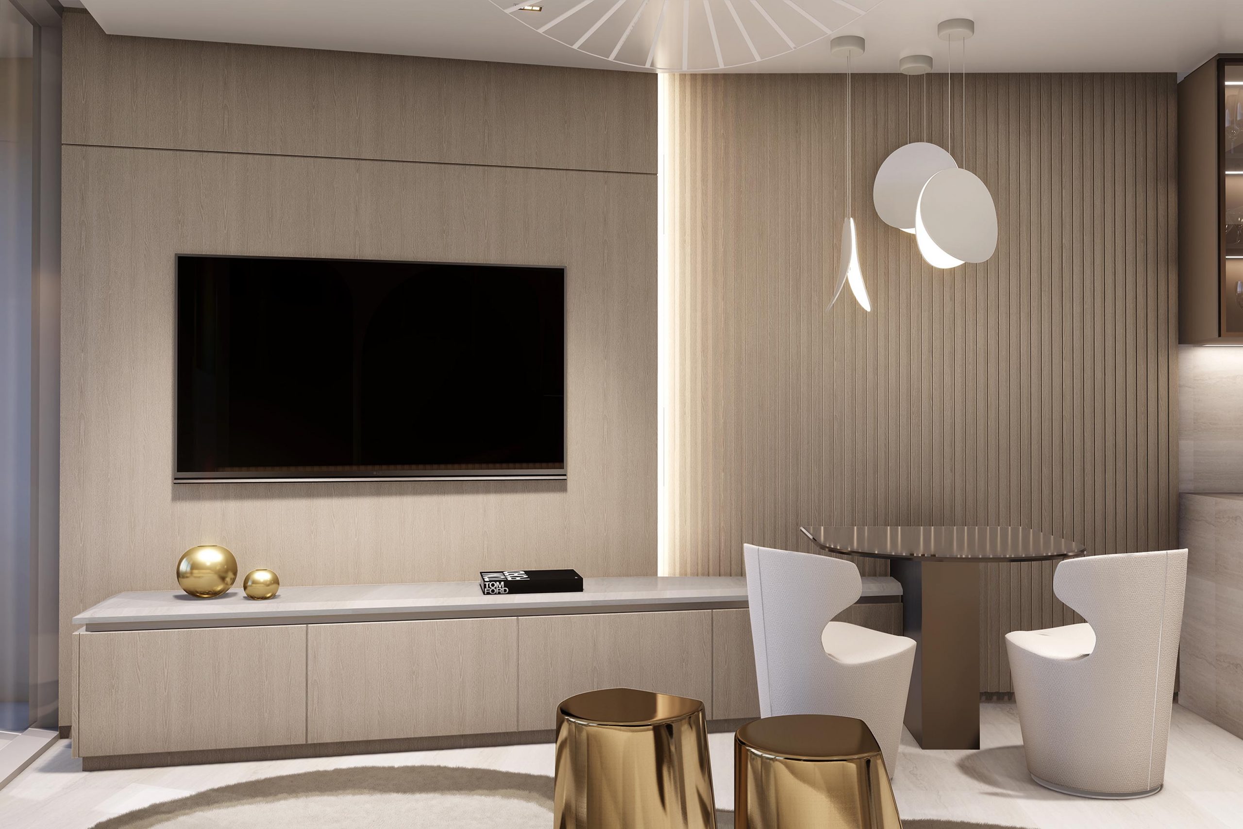 High-end Interior Design Living Room in light sand colors, Custom millwork in ash oak wood, bulky dining chairs in off-white velvet fabric, travertine floor