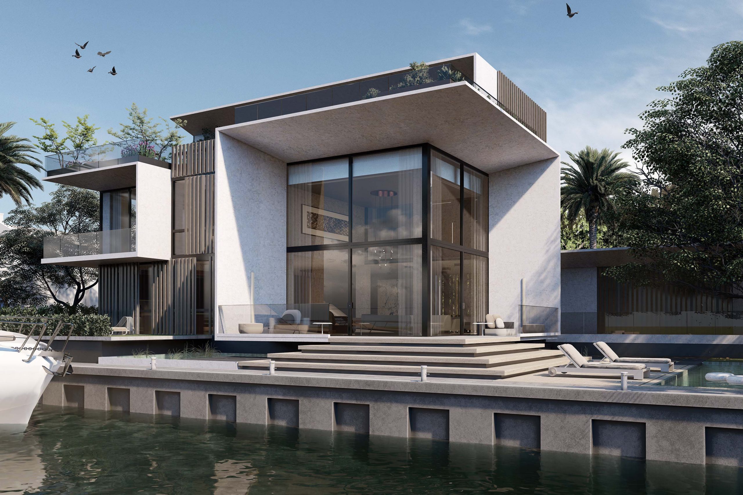 High-end Miami beach Villa facade in contemporary style, large windows, high double ceilings, boxes volumetric in different levels