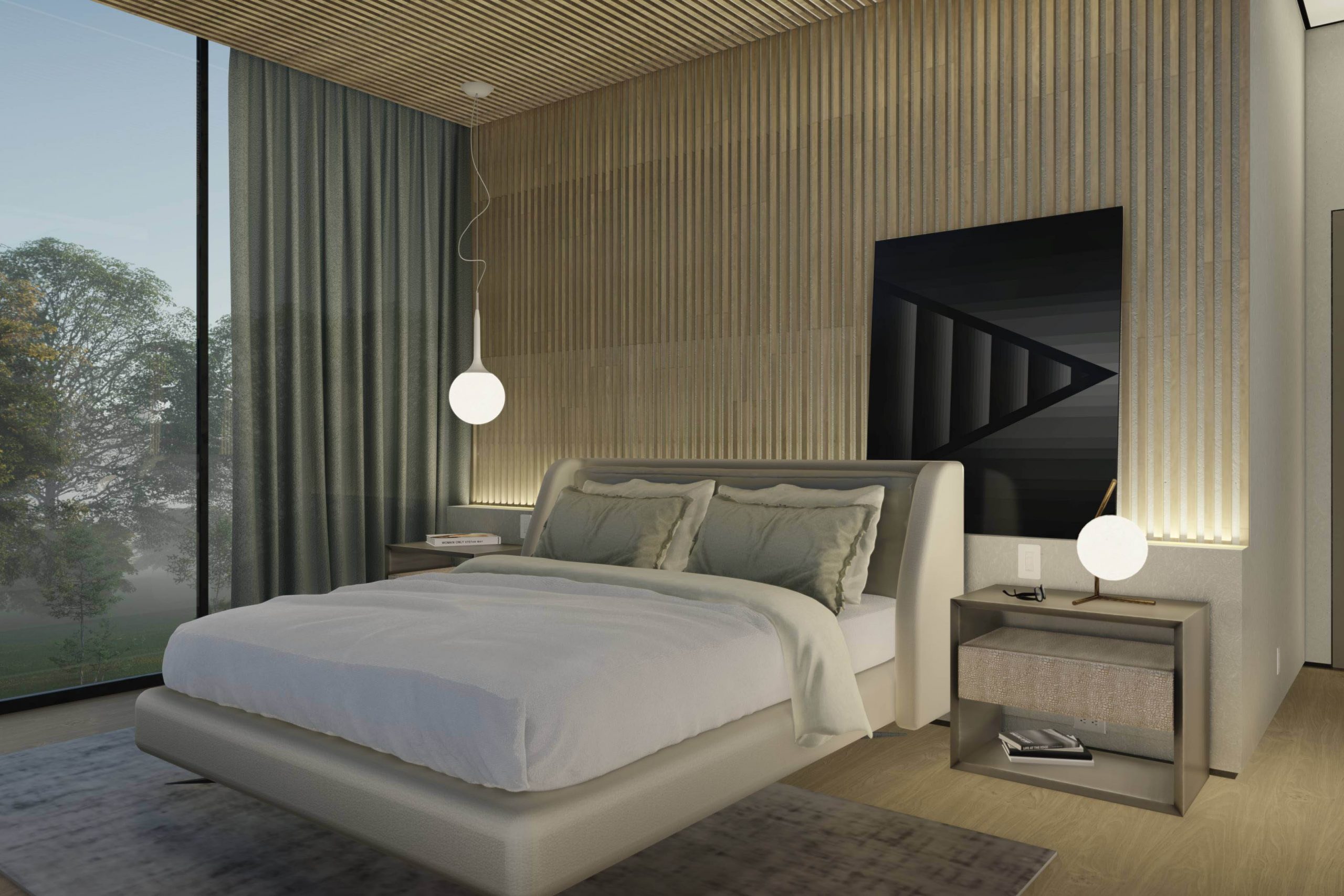 Minimalist bedroom design with slatted panel headboard and ceiling in oak wood, asymmetrical pendants, light colors and dark painting positioned behind bed