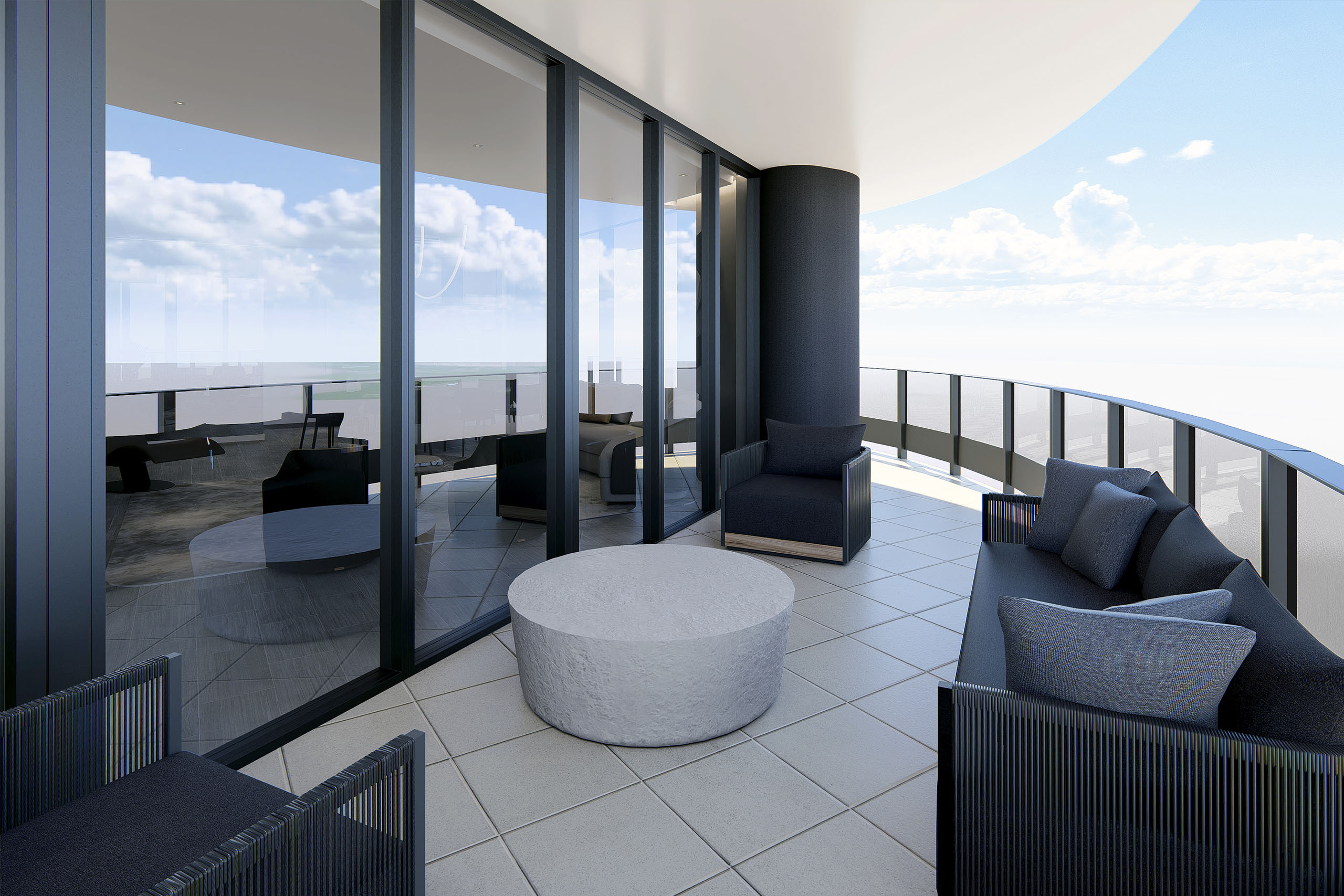 Contemporary balcony furniture with black sofa and black lounge chairs with ropes for outdoor