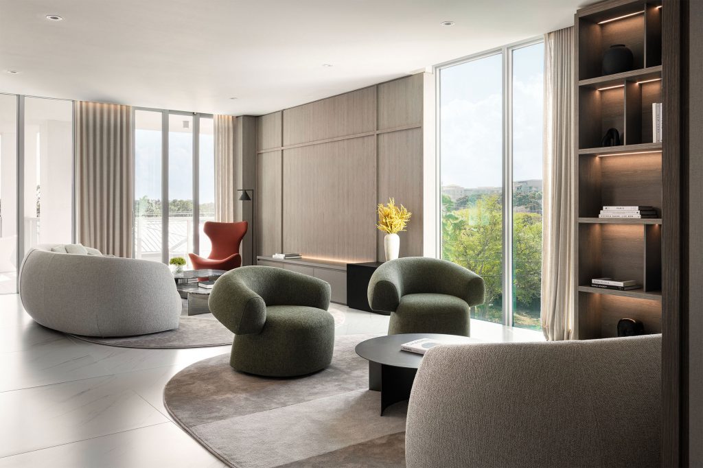 Open great room with organic seating, custom bookshelf, ash wood media wall, and panoramic tree canopy views